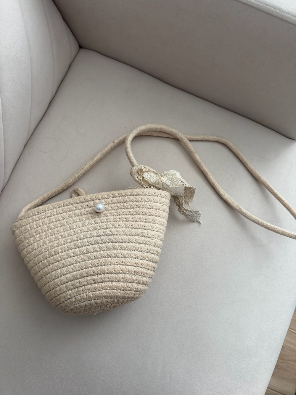 Mini Cotton Rope Crossbody Bag with Pearl Button & Lace Bow